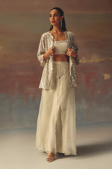 Twenty Nine_Silver Georgette Sequins Bandeau Neck Designer _Online_at_Aza_Fashions