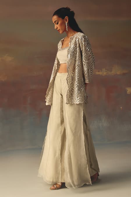 Buy_Twenty Nine_Silver Georgette Sequins Bandeau Neck Designer _Online_at_Aza_Fashions