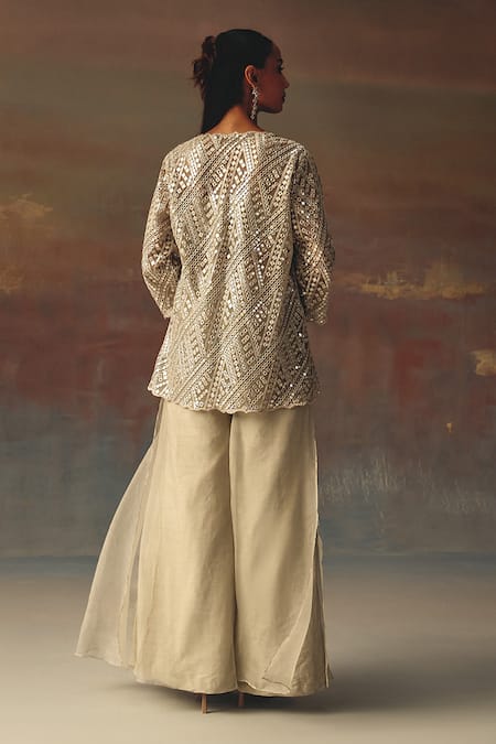 Shop_Twenty Nine_Silver Dupion Sequins Double Layered Palazzo _at_Aza_Fashions