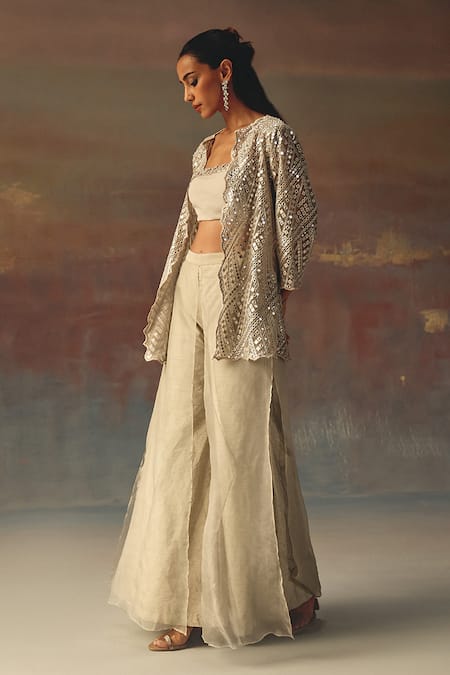 Buy_Twenty Nine_Silver Dupion Sequins Double Layered Palazzo _Online_at_Aza_Fashions