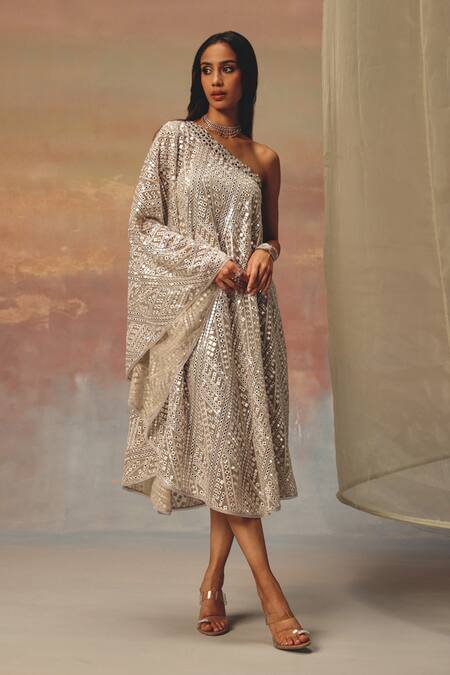 Twenty Nine_Silver Georgette Sequins One Shoulder Designer Dress _Online_at_Aza_Fashions