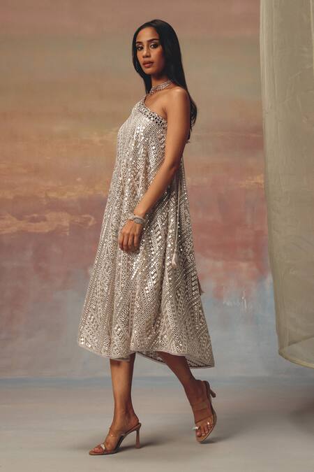 Buy_Twenty Nine_Silver Georgette Sequins One Shoulder Designer Dress _Online_at_Aza_Fashions