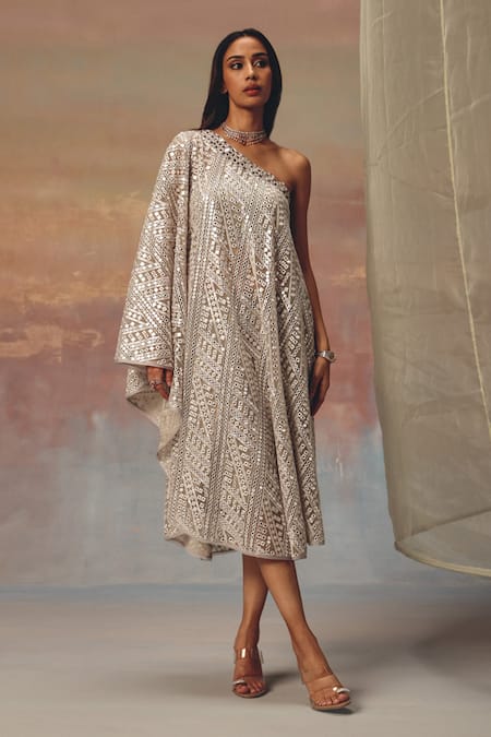 Shop_Twenty Nine_Silver Georgette Sequins One Shoulder Designer Dress _Online_at_Aza_Fashions