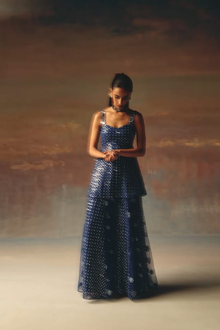 Twenty Nine_Blue Net Sequins, Embroidery Sweetheart Neck Designer Peplum Tunic _Online_at_Aza_Fashions