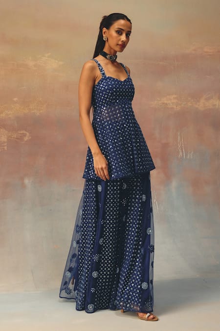 Shop_Twenty Nine_Blue Net Sequins, Embroidery Sweetheart Neck Designer Peplum Tunic _Online_at_Aza_Fashions