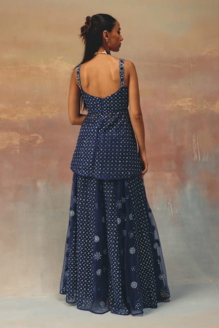 Shop_Twenty Nine_Blue Net Sequins, Embroidery Sweetheart Neck Designer Peplum Tunic _at_Aza_Fashions