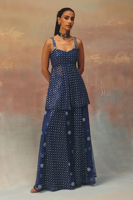 Twenty Nine Blue Net Sequins, Embroidery Sweetheart Neck Designer Peplum Tunic 