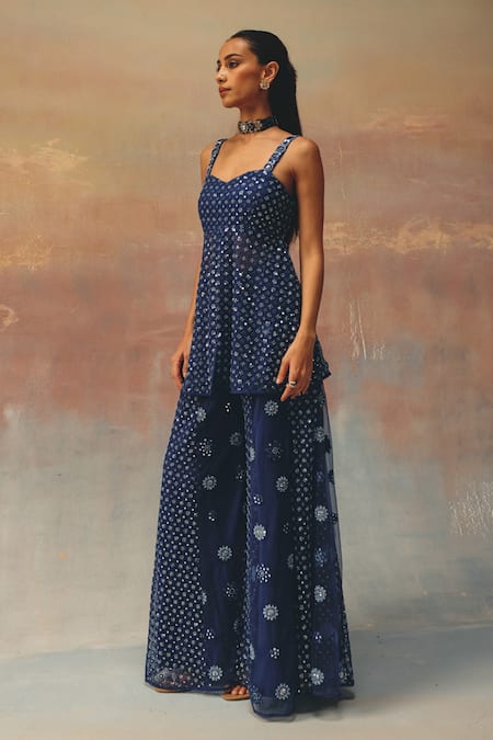 Twenty Nine_Blue Net Sequins, Embroidery Sweetheart Neck Designer Peplum Tunic _at_Aza_Fashions