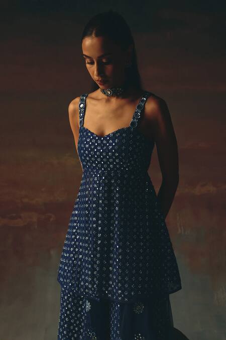 Twenty Nine_Blue Net Sequins Designer Flared Sharara _Online_at_Aza_Fashions