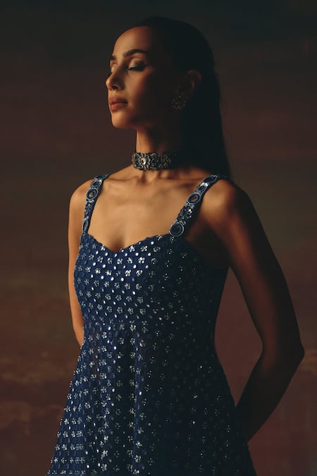 Buy_Twenty Nine_Blue Net Sequins Designer Flared Sharara _Online_at_Aza_Fashions