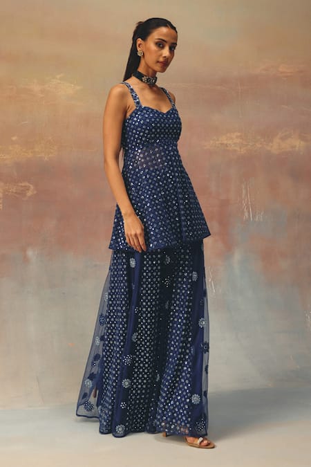 Shop_Twenty Nine_Blue Net Sequins Designer Flared Sharara _Online_at_Aza_Fashions