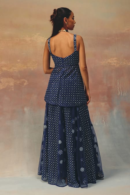 Shop_Twenty Nine_Blue Net Sequins Designer Flared Sharara _at_Aza_Fashions