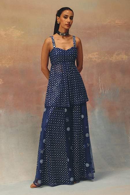 Twenty Nine Blue Net Sequins Designer Flared Sharara 