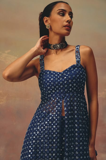 Twenty Nine_Blue Net Sequins Designer Flared Sharara _at_Aza_Fashions