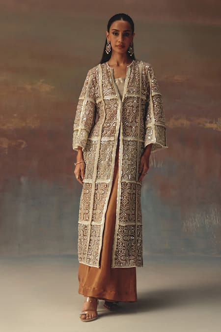 Twenty Nine Beige Net Sequins, Embroidery Open Neck Multicolour Designer Jacket