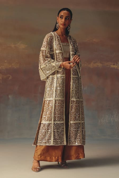 Twenty Nine_Beige Net Sequins, Embroidery Open Neck Multicolour Designer Jacket _Online_at_Aza_Fashions