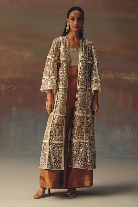 Shop_Twenty Nine_Beige Net Sequins, Embroidery Open Neck Multicolour Designer Jacket _Online_at_Aza_Fashions