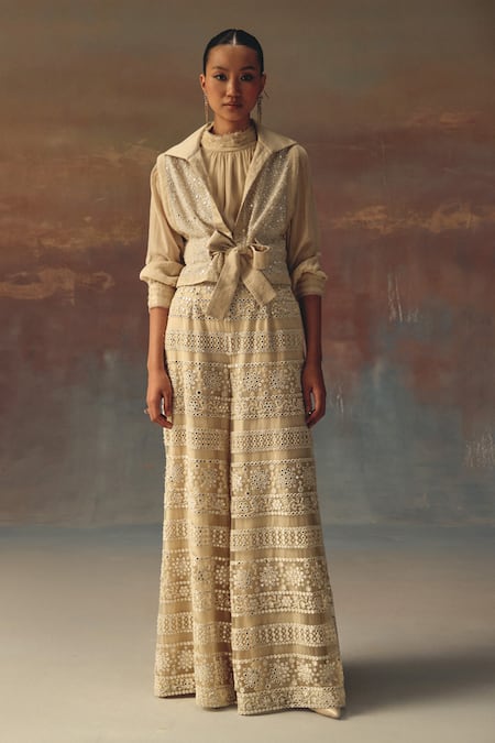 Twenty Nine Ivory Net Shawl Neck Designer Gilet Jacket