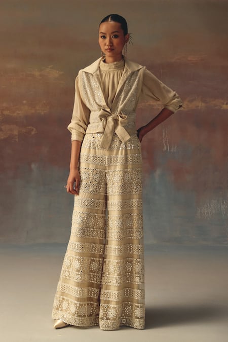 Twenty Nine_Ivory Net Shawl Neck Designer Gilet Jacket _Online_at_Aza_Fashions