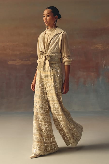 Buy_Twenty Nine_Ivory Net Shawl Neck Designer Gilet Jacket _Online_at_Aza_Fashions