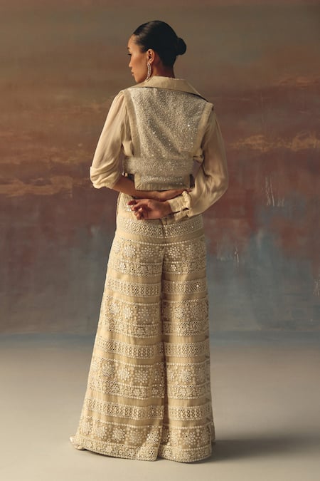 Shop_Twenty Nine_Ivory Net Shawl Neck Designer Gilet Jacket _at_Aza_Fashions