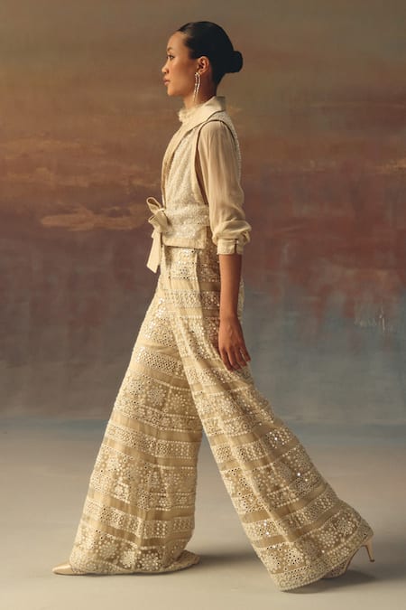 Twenty Nine Ivory Georgette Sequins Collared Designer Shirt Online at Aza Fashions Twenty Nine_Ivory Georgette Sequins Collared Designer Shirt _Online_at_Aza_Fashions