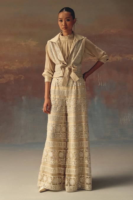 Twenty Nine Ivory Georgette Sequins Collared Designer Shirt