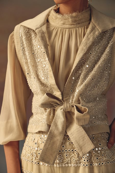 Twenty Nine Ivory Georgette Sequins Collared Designer Shirt at Aza Fashions Twenty Nine_Ivory Georgette Sequins Collared Designer Shirt _at_Aza_Fashions