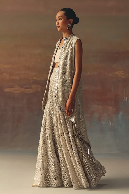 Twenty Nine_Silver Georgette Sequins Open Neck Designer Jacket _Online_at_Aza_Fashions