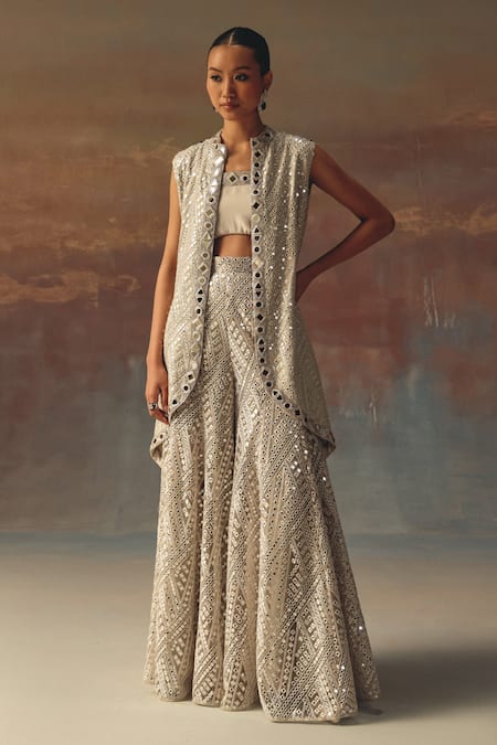 Buy_Twenty Nine_Silver Georgette Sequins Open Neck Designer Jacket _Online_at_Aza_Fashions