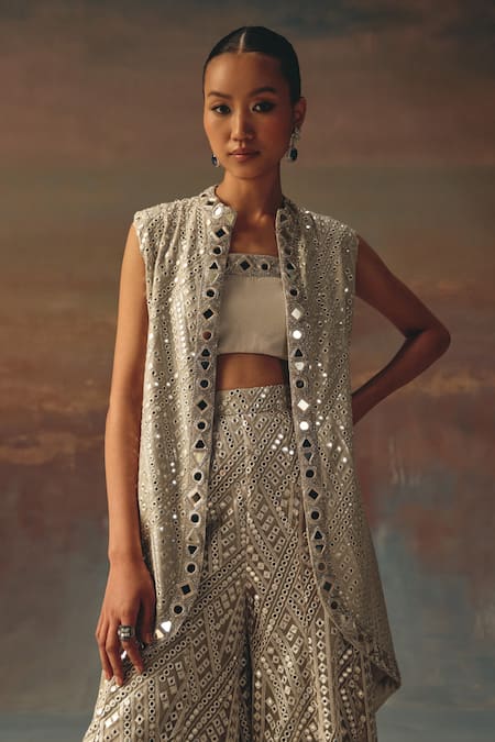 Twenty Nine Silver Georgette Sequins Open Neck Designer Jacket 