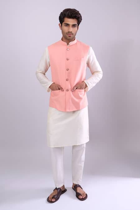 Arihant Rai Sinha Peach Poly Jacquard Bundi 