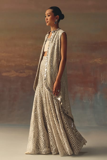 Twenty Nine_Silver Georgette Sequins Flared Sharara _Online_at_Aza_Fashions