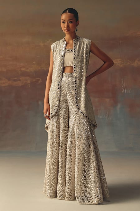 Twenty Nine Silver Georgette Sequins Flared Sharara 