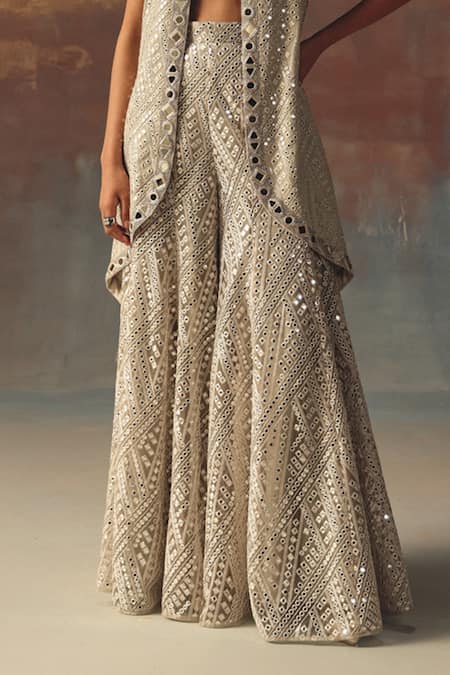 Buy_Twenty Nine_Silver Georgette Sequins Flared Sharara _Online_at_Aza_Fashions