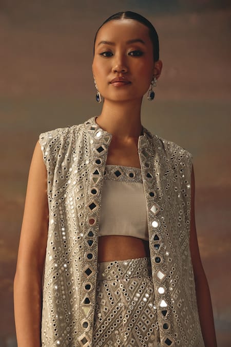 Shop_Twenty Nine_Silver Georgette Sequins Flared Sharara _Online_at_Aza_Fashions