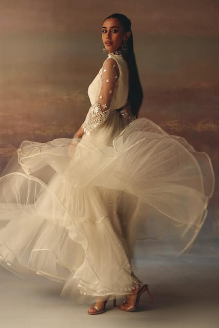 Twenty Nine Ivory Net Sequins, Embroidery Mandarin Collar Anarkali Jacket Online at Aza Fashions Twenty Nine_Ivory Net Sequins, Embroidery Mandarin Collar Anarkali Jacket _Online_at_Aza_Fashions