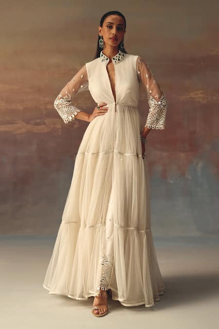 Twenty Nine Ivory Net Sequins, Embroidery Mandarin Collar Anarkali Jacket 