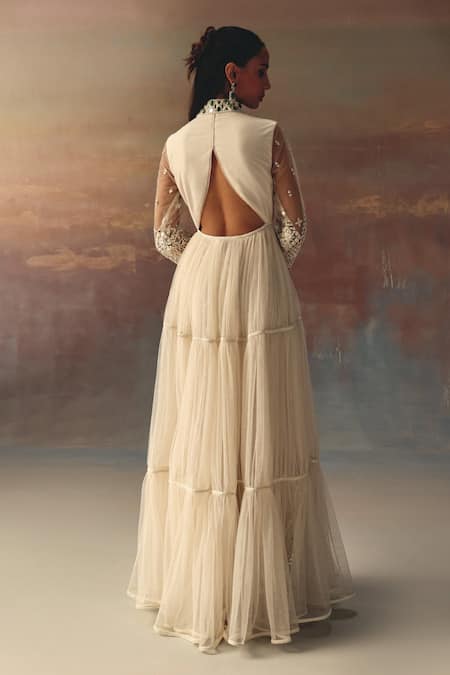 Shop Twenty Nine Ivory Net Sequins, Embroidery Mandarin Collar Anarkali Jacket at Aza Fashions Shop_Twenty Nine_Ivory Net Sequins, Embroidery Mandarin Collar Anarkali Jacket _at_Aza_Fashions