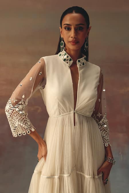 Shop Twenty Nine Ivory Net Sequins, Embroidery Mandarin Collar Anarkali Jacket Online at Aza Fashions Shop_Twenty Nine_Ivory Net Sequins, Embroidery Mandarin Collar Anarkali Jacket _Online_at_Aza_Fashions