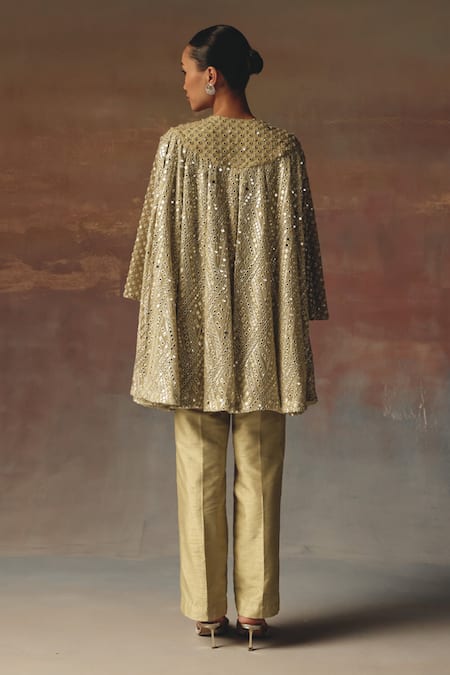 Shop_Twenty Nine_Green Georgette Embroidery, Mirrors Round Sage A-line Box Pleat Tunic Jacket _at_Aza_Fashions