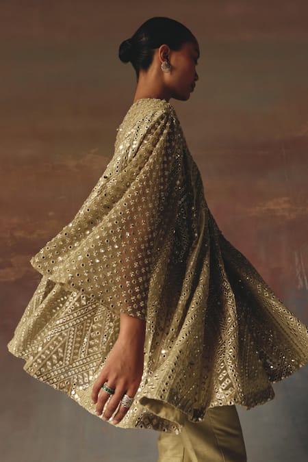 Twenty Nine_Green Georgette Embroidery, Mirrors Round Sage A-line Box Pleat Tunic Jacket _Online_at_Aza_Fashions