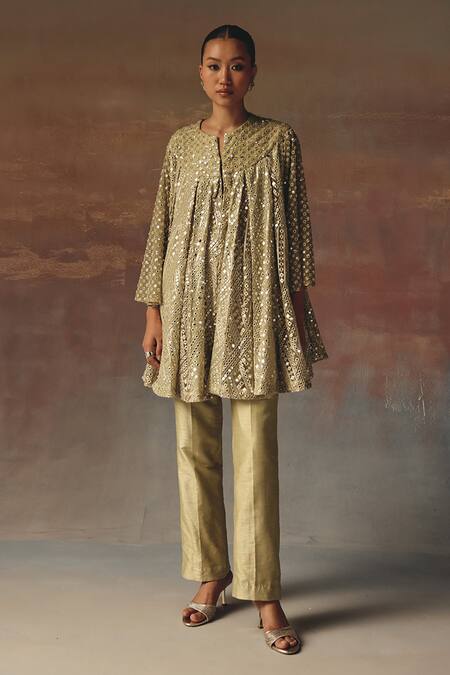 Buy_Twenty Nine_Green Georgette Embroidery, Mirrors Round Sage A-line Box Pleat Tunic Jacket _Online_at_Aza_Fashions