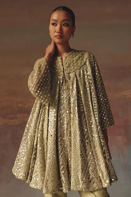 Twenty Nine Green Georgette Embroidery, Mirrors Round Sage A-line Box Pleat Tunic Jacket 