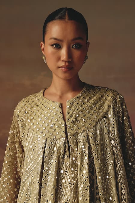 Shop_Twenty Nine_Green Georgette Embroidery, Mirrors Round Sage A-line Box Pleat Tunic Jacket _Online_at_Aza_Fashions