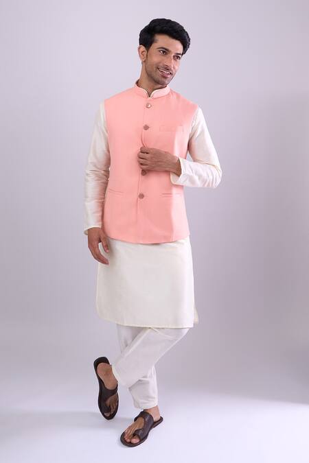 Buy_Arihant Rai Sinha_Peach Polyester, Jacquard Poly Bundi _Online_at_Aza_Fashions