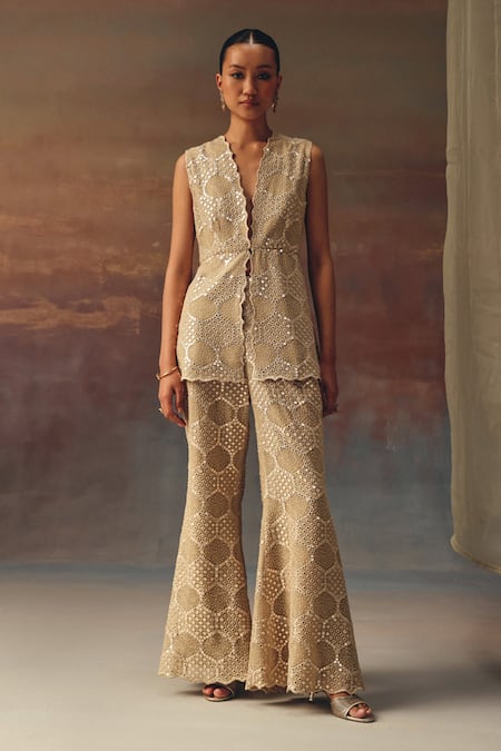 Twenty Nine_Gold Georgette Sequins, Embroidery V-neck Scallop Peplum Tunic _Online_at_Aza_Fashions