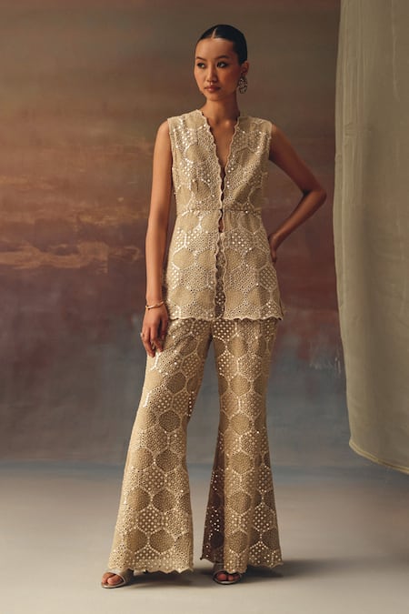 Buy_Twenty Nine_Gold Georgette Sequins, Embroidery V-neck Scallop Peplum Tunic _Online_at_Aza_Fashions