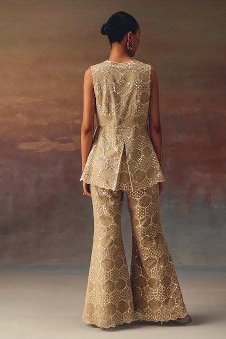 Shop_Twenty Nine_Gold Georgette Sequins, Embroidery V-neck Scallop Peplum Tunic _at_Aza_Fashions