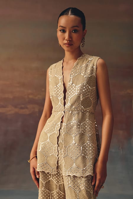 Twenty Nine Gold Georgette Sequins, Embroidery V-neck Scallop Peplum Tunic 